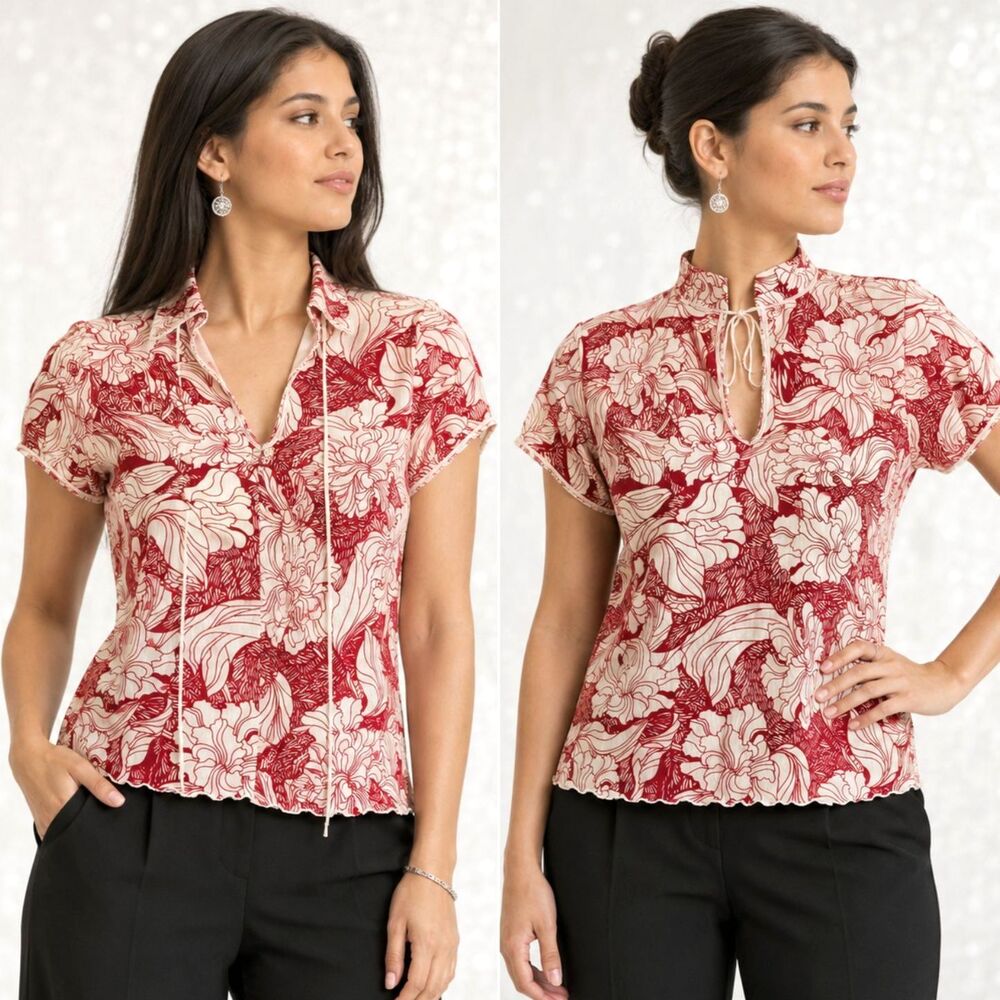 Art Nouveau Floral Keyhole Mock Neck Tie Blouse Red Cream Cap Convertible M S